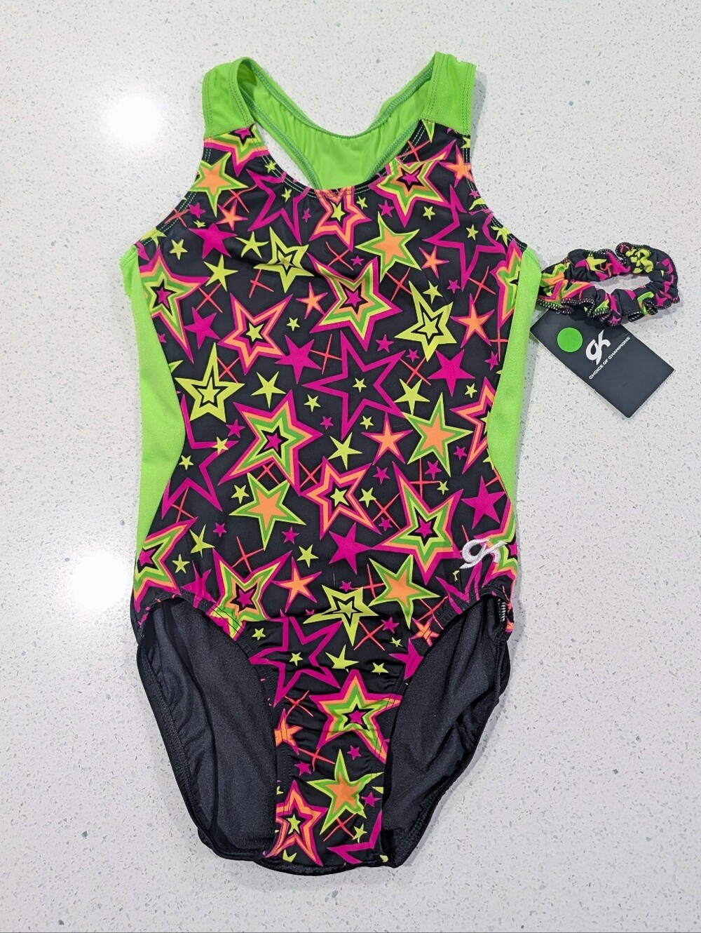 BRAND NEW GK Elite Gymnastics Leotard AM Medium Neon Star RAZORBACK + Scrunchie
